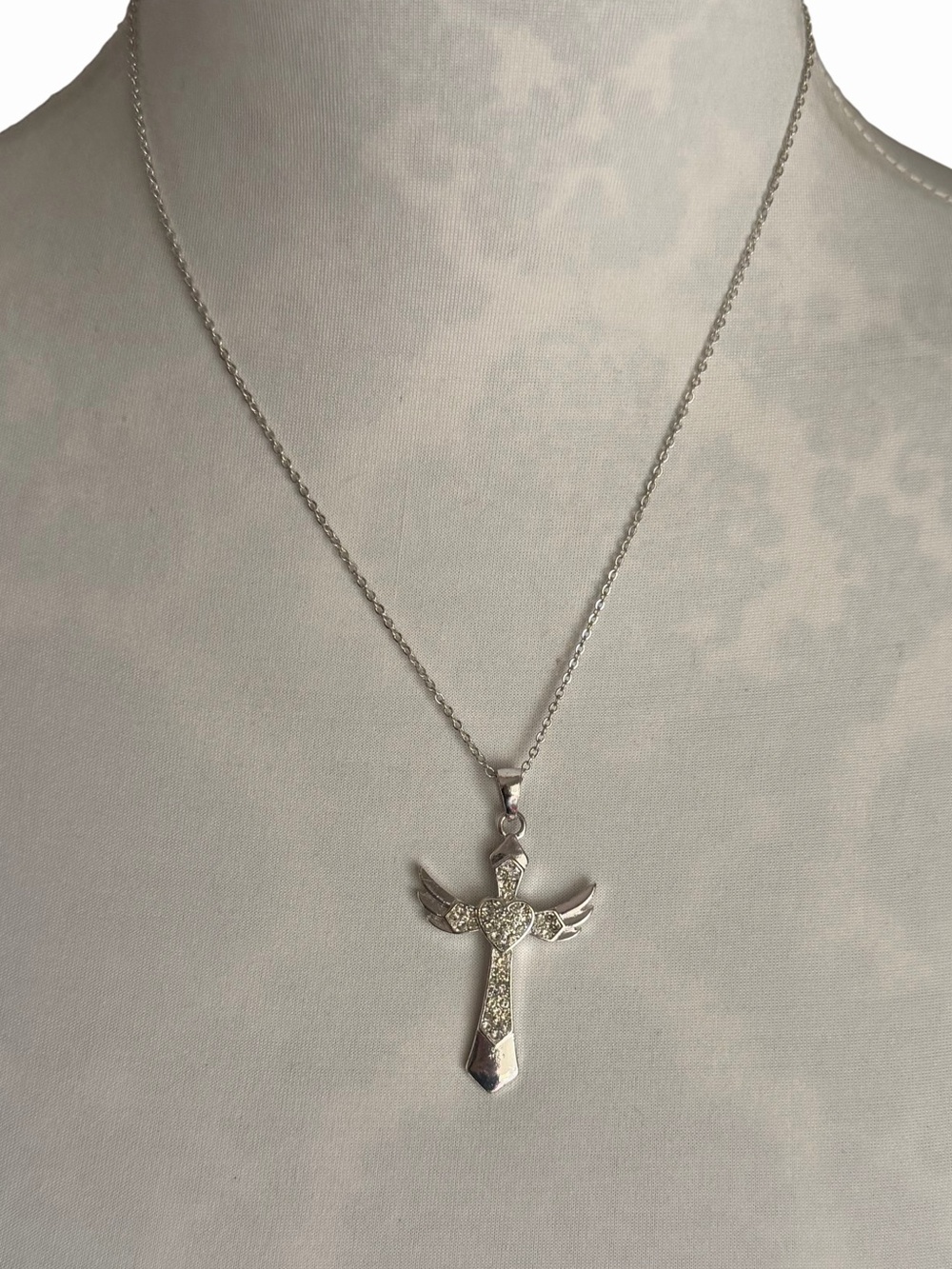 Silver Tone Angel Cross Necklace Rhinestone Heart Wings Pendant Faith Jewelry